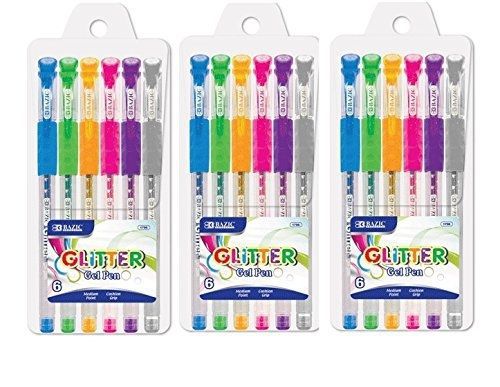 3 Pk, Bazic Glitter Color Gel Pen w/ Cushion Grip, Assorted Color (6 Per Pack)