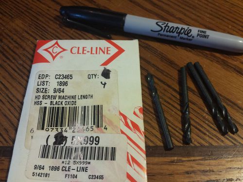 CLE-LINE, screw machine length,  Drill Bits, 9/64,   4 pcs,  New