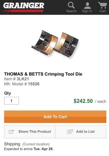 T&amp;B 15526 Carbon Steel Crimping Tool Die 1 AWG AL/CU GOLD # 45 Thomas &amp; Betts