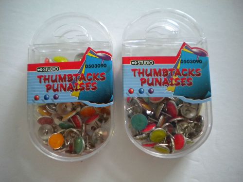 2 SEALED PLASTIC CONTAINERS OF COLOURFUL THUMBTACKS