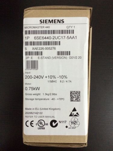 New in sealed box Siemens Inverter 6SE6440-2UC17-5AA1 0.75KW,220 to 240 VAC