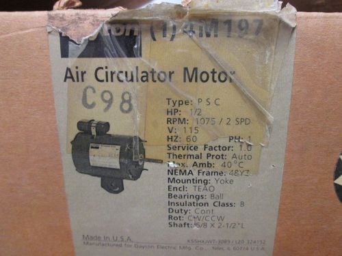 Dayton Air Circulator Motor 2 Speed Model 4M197  HP 1/2  RPM 1075   Frame 48YZ