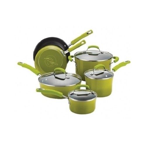 Nonstick pots and pans green 10 piece cookware set oven safe with glass lids new for sale