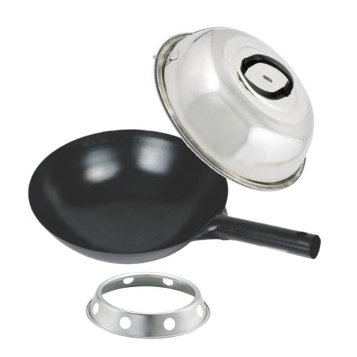 NEW SET BLACK CHINESE WOK-34 14&#034;+RING STAND+COVER, ASIAN FOOD JAPANESE COOKWARE