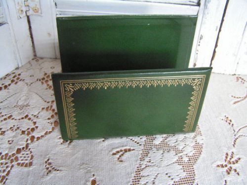 Vintage Mid Century Green Gold Tooling Leatherette Letter Bin Desk Organizer