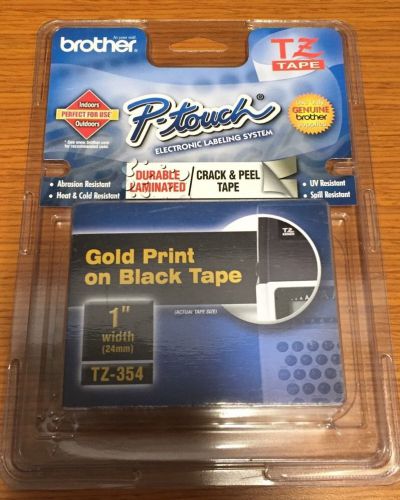 NIB New Brother P-touch TZ Tape TZ-354 Gold Print on Black Tape 1&#034; 24mm