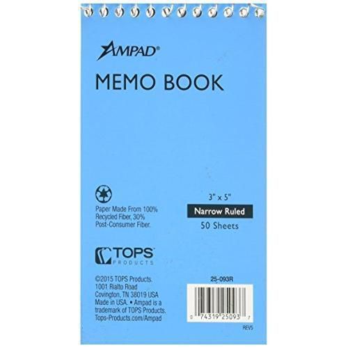 Ampad Wirebound Pocket Notebook, Narrow Rule, 3 x 5 inch, White Paper, 50 New