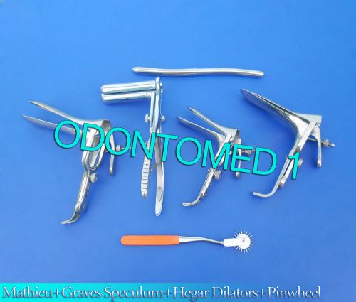 Mathieu Speculum + Hegar Dilator +  Orange Pinwheel &amp; 3 Graves Vaginal Speculums