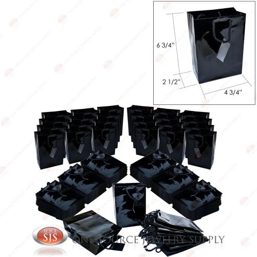 100 Solid Glossy Black Tote Gift Merchandise Bags 4 3/4&#034; x 2 1/2&#034; x 6 3/4&#034;H