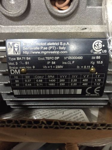 *NEW* MGM AC Motor with Brake, BA 71B4, 0.44 kW 50/60Hz 1400/1680rpm