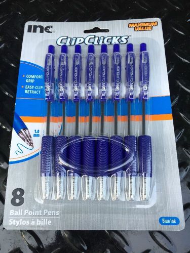 Clip Click Ball Point 1.0 mm Medium Retractable Pens - Blue Ink 8 Pack