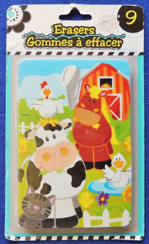 9pc Children&#039;s Barnyard Animal Jigsaw Puzzle Erasers Fun Home School Erase NIP