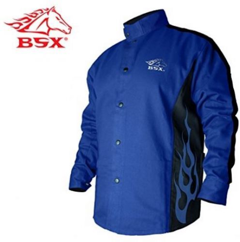 BSX Flame-Resistant Welding Jacket - Blue With Blue Flames, Size Medium