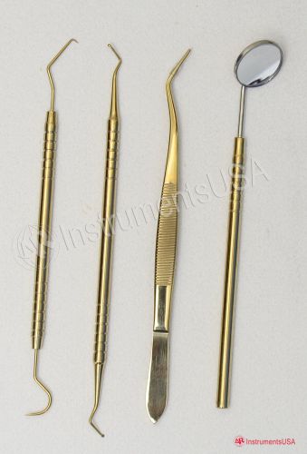 4 pcs dental examination basic set explorer sickle scaler tweezer mirror golden for sale