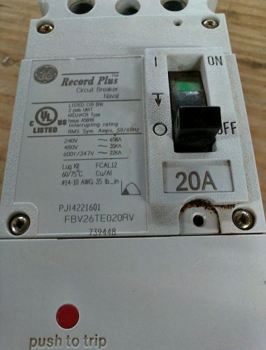 GE FBV26TE020 RV 2 POLE 20 AMP 600V CIRCUIT BREAKER