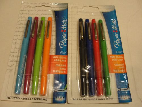 8 Papermate Flair Felt Tip Pens Medium Point Blue Red Green Black Assorted