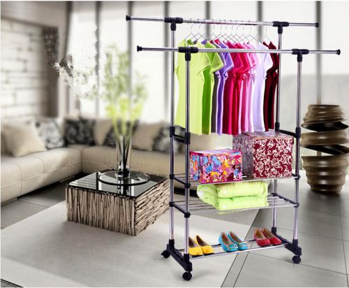 Heavy Duty Collapsible Adjustable Cloth Rolling Double Garment Rack Hanger