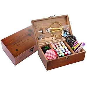 BTU Sewing Kit Box Basket, Wooden Hand Home Sewing Repair Tool Kit, Beginner Sew