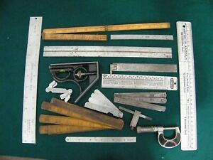 MIXED LOT OF 15 VINTAGE MACHINIST MEASURING TOOLS RULES MICROMETER