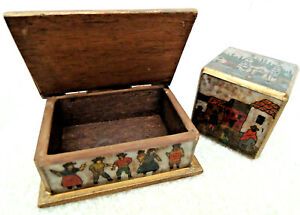 Business Card Holder + Matching Paperweight Wooden Desk Set - Native Folk Scenes