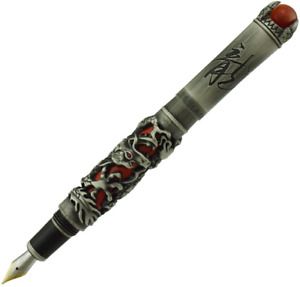 Jinhao Dragon King Fountain Pen Fine Nib intricate Designe Vintage Silver Red wi