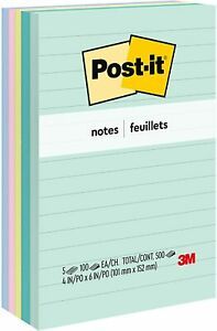 Post-it(R) Notes 4 in x 6 in,Marseille Collection, Lined 5 Pads/Pack, 100 Sheets