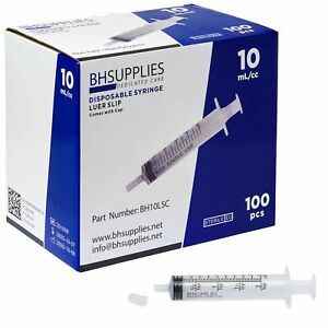 10ml Sterile Luer Slip Tip Syringe - with Covers -100 Syringes by BH Supplies...