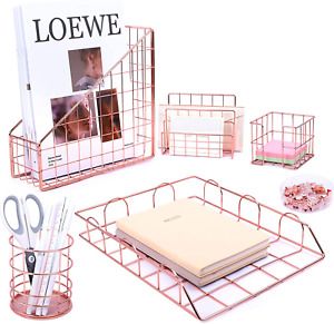 TNELTUEB 5 Piece Rose Gold Desk Organizer, Mesh Office Supplies Caddy Includes L