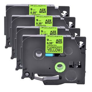 4PK Compatible Brother TZ TZe-C21 Black on Fluo Yellow Label Tape Cassette 9mm