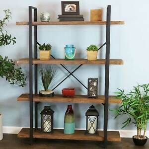 Sunnydaze Industrial Style 4-Tier Bookshelf with Wood Veneer Shelves -Teak