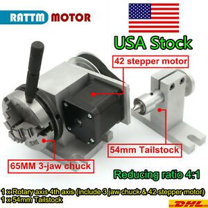 USACNC Router Rotational Axis 65MM Rotary Table 3 Jaw Chuck 4th axis Tailstock