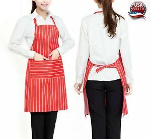 4pcs Unisex Cooking Apron Dress Red Chef with Pockets For Kitchen Restaurant