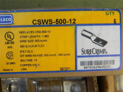 6 NEW ILSCO Copper Compression Lugs CSWS-500-12
