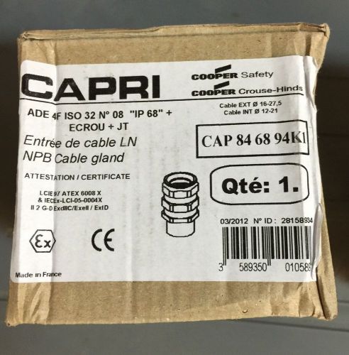 Cooper / Capri ADE 4F CAP 84 68 94K1 Nickel Plated Brass Cable Gland - NEW