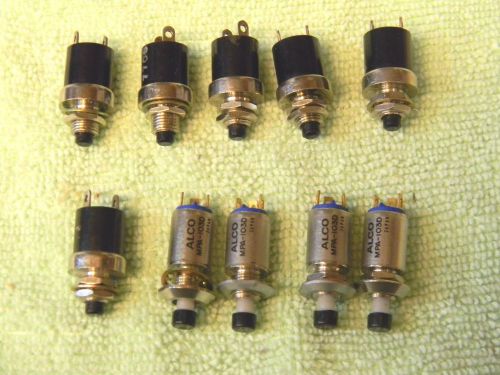 AIRCRAFT AVIONICS PUSHBUTTON SWITCH SET OF 10 MADE BY ALCO, MOM. &amp; PUSH ON / OFF
