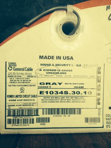 General cable e1034s.30.10 sound/alarm/security cable 18/4 stranded 900&#039; gray for sale