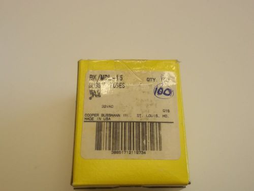 NEW 15A SLO BLOW MDL15  32 VAC BOX OF 100  NEW BUSSMANN  1/4X1 1/4