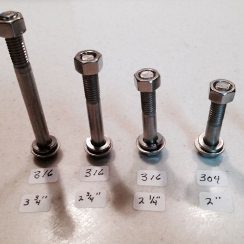 45 hex head bolts 3/8&#034;-16 s/s, w/nuts / f/w, l/w, 9 lengths, 5ea, 3/4&#034; to 3 3/4&#034; for sale
