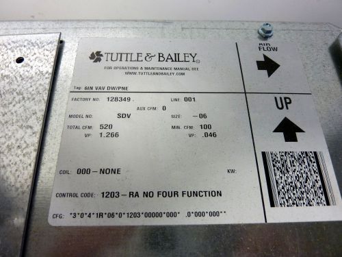 Tuttle &amp; Bailey 6&#034; VAV DW/PNE 128349 Model No SDV 520 CFM NEW