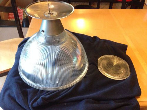 Vtg industrial ribbed, retro hanging holophane light w/ glass globe &amp; bulb cover for sale