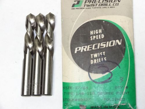 3 PTD 27/64&#034; L40 LH Screw Machine HSS 118° Precision Twist Drills Bright Finish