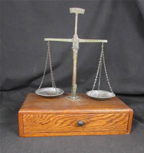 Antique brass apothecary grain balance scale w/ wood box &amp; 14 weights for sale