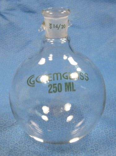 CHEMGLASS  250 ML  ROUND  BOTTOM  FLASK  WITH  TWO  HOOKS   14/20        I