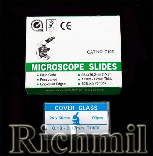 50 cut edge microscope slides 1x3&#034; 100 coverslips 50mm for sale