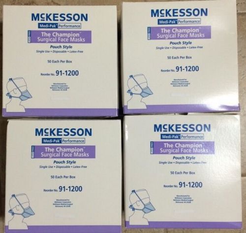 MCKESSON 91-1200 &#034;THE CHAMPION&#034; POUCH STYLE SURGICAL FACE MASKS, LOT OF 200