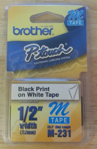 Brother P-Touch Black Print on White Tape M231 1/2&#034; 12mm Label Tape NEW