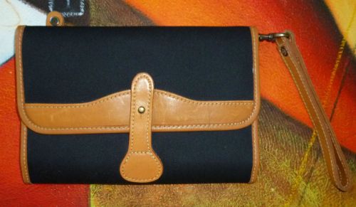 Connemara black canvas &amp; brown leather case folio card organizer wristlet wallet for sale