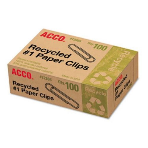 Acco Recycled Paper Clips, #1 Size,Box of 100 (72365)-made in U.S.A-F/F shipping