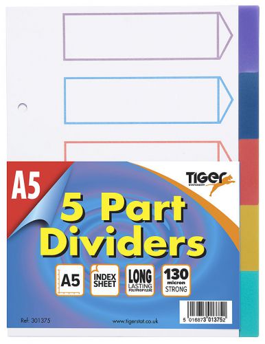 A5 5 Part Tabbed Polypropylene Index File Dividers with Cover Sheet