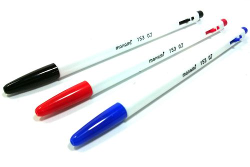MONAMI 153 Ballpoint Pen 12pcs(0.7mm, Black, Blue, Red)